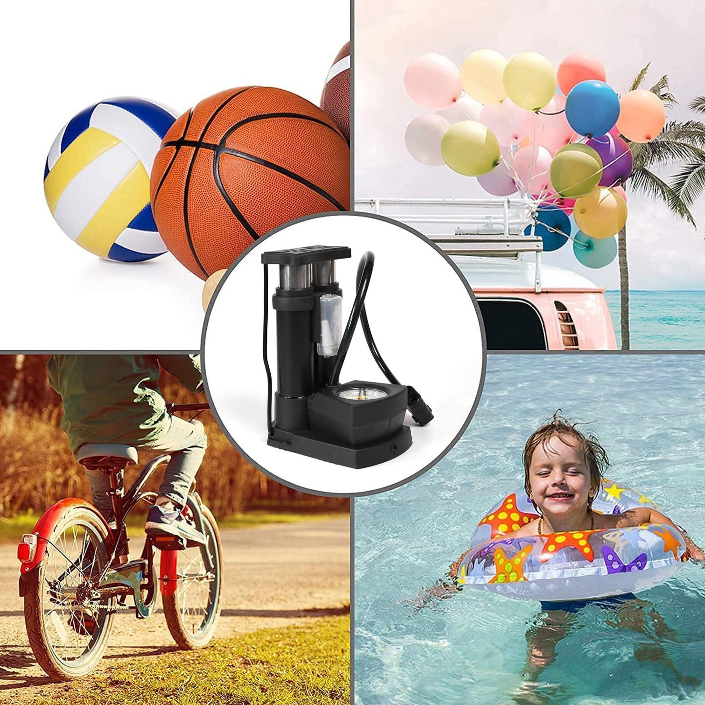 Compact foot pump for bikes with versatile use for sports balls and inflatables