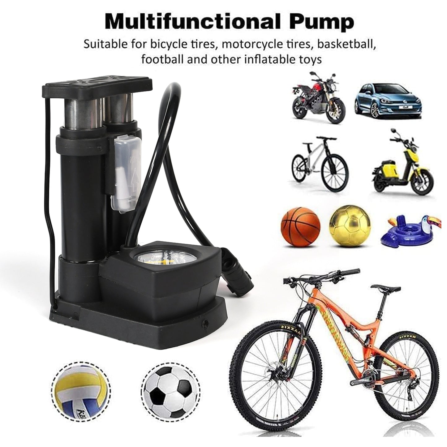Superior eMart compact foot pump for bikes with multifunctional features for various inflatables