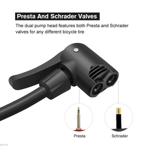 Compact foot pump for bikes featuring dual Presta and Schrader valves for versatile tire inflation