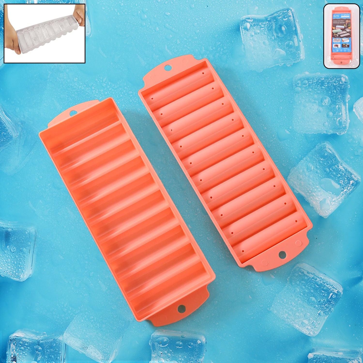 Compact ice stick tray in orange color with 10 slots for making ice sticks easily