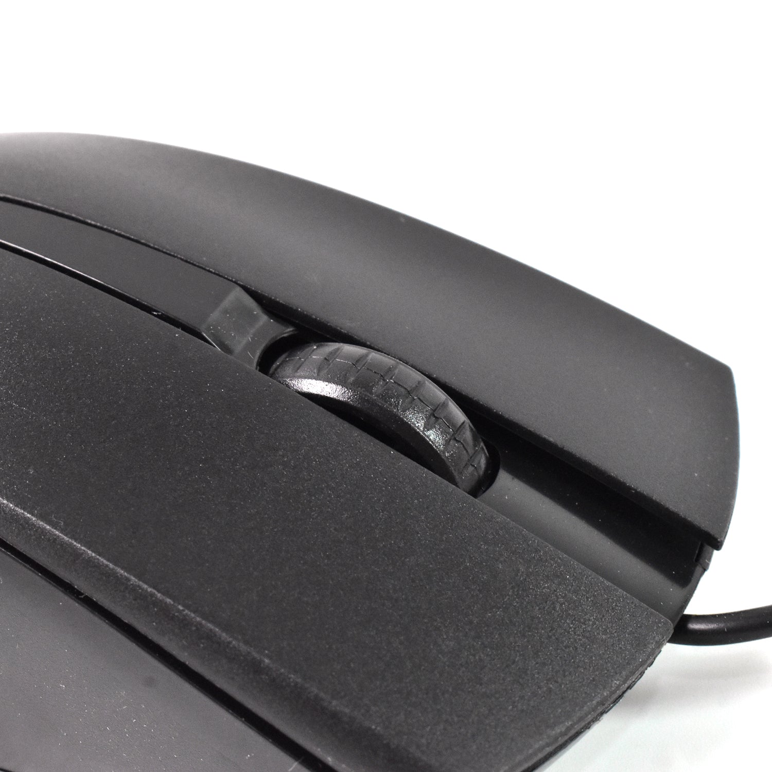Close-up of the X2 computer mouse featuring a sleek black design and textured scroll wheel