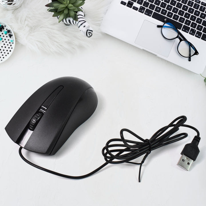 Superior eMart X2 computer mouse in black with a USB cable and sleek design on a white desk