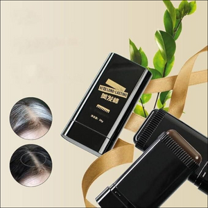 Black hair touch-up stick with brown wax, gold 'Long-lasting' text, and before/after gray hair coverage circles.