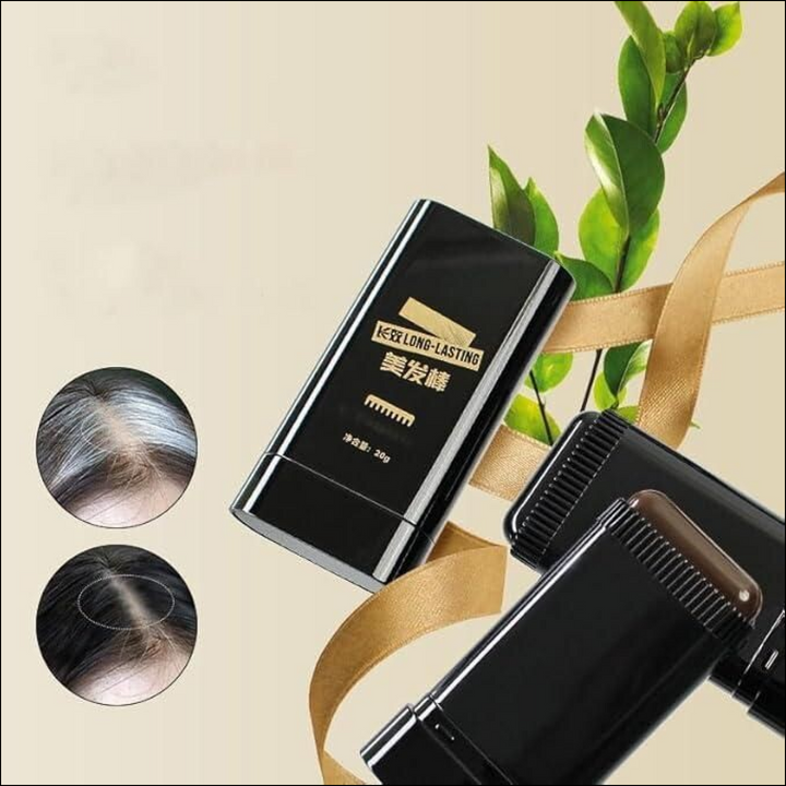 Black hair touch-up stick with brown wax, gold 'Long-lasting' text, and before/after gray hair coverage circles.
