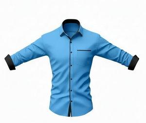 Blue dress shirt with black accents on a white background