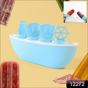 Boat shaped ice cream mold in blue with fun character tops for creative frozen treats