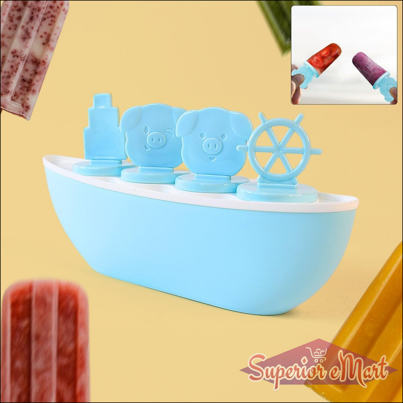 Boat shaped ice cream mold in blue with fun character designs for making frozen treats