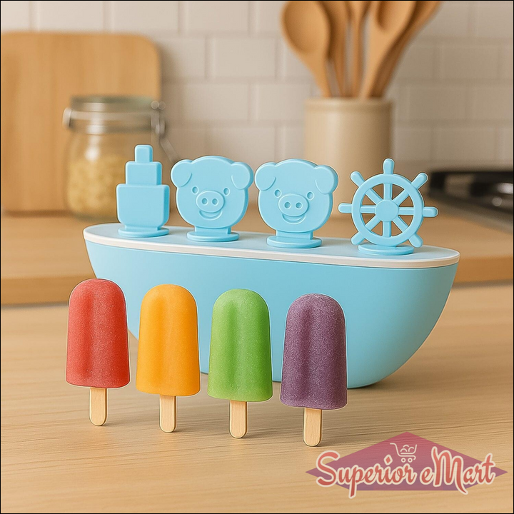 Boat shaped ice cream mold set with colorful popsicles in a kitchen setting