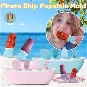 Boat shaped ice cream mold in pink and blue with pirate ship design for fun popsicle making