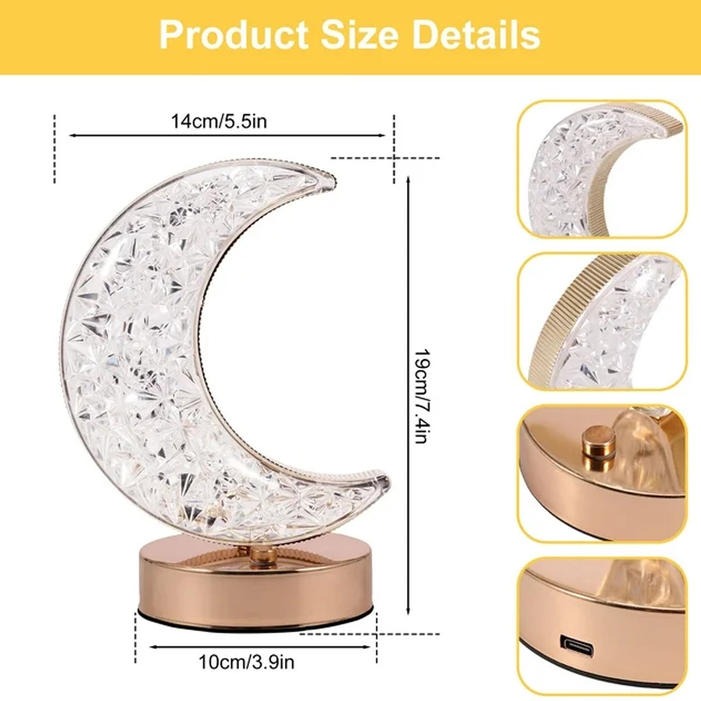 Crystal moon table lamp with elegant design, measuring 19cm in height for stylish home decor