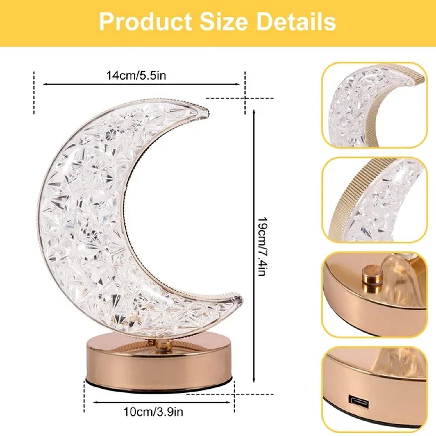 Crystal moon table lamp with elegant design, measuring 19cm in height for stylish home decor
