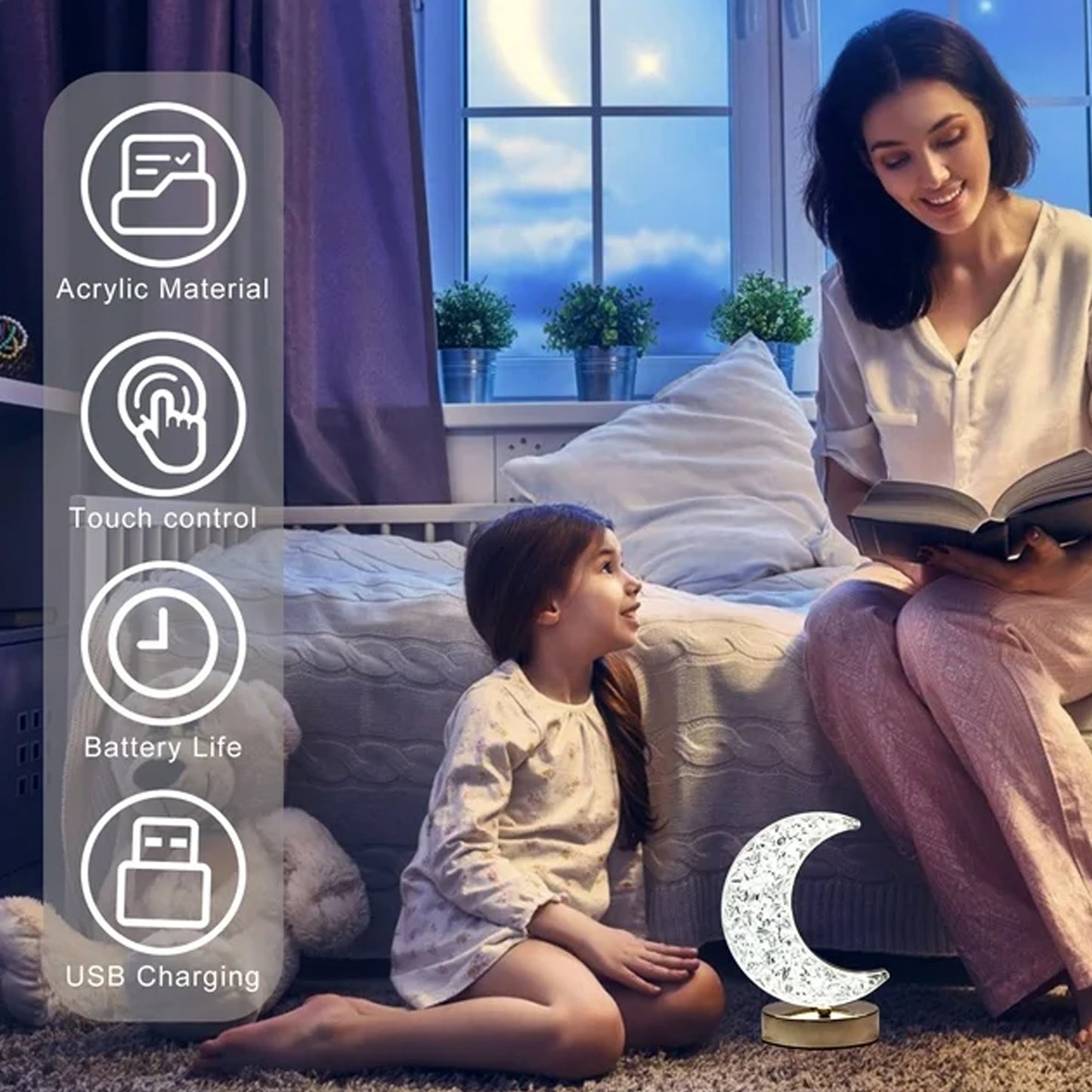 Crystal moon table lamp made of acrylic with touch control and USB charging for a cozy bedroom ambiance