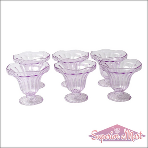 Set of six crystal plastic ice cream bowls in purple with elegant fluted design for serving desserts
