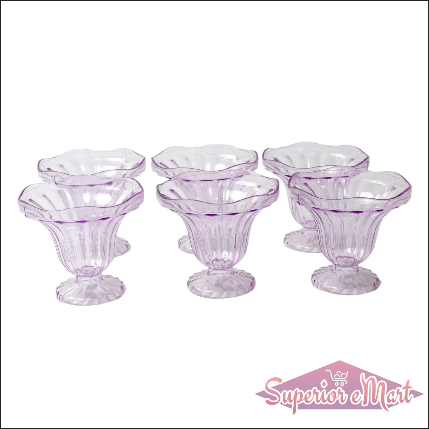 Set of six crystal plastic ice cream bowls in purple with elegant fluted design for serving desserts