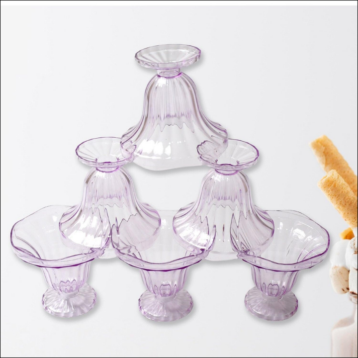 Set of crystal plastic ice cream bowls set in purple with elegant flared design for serving desserts
