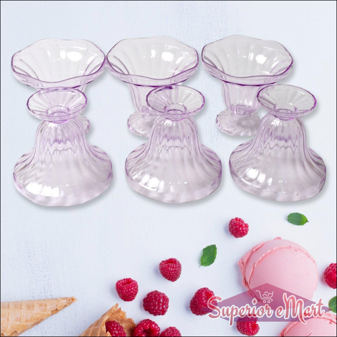 Crystal plastic ice cream bowls set in pastel purple ideal for serving desserts and ice cream