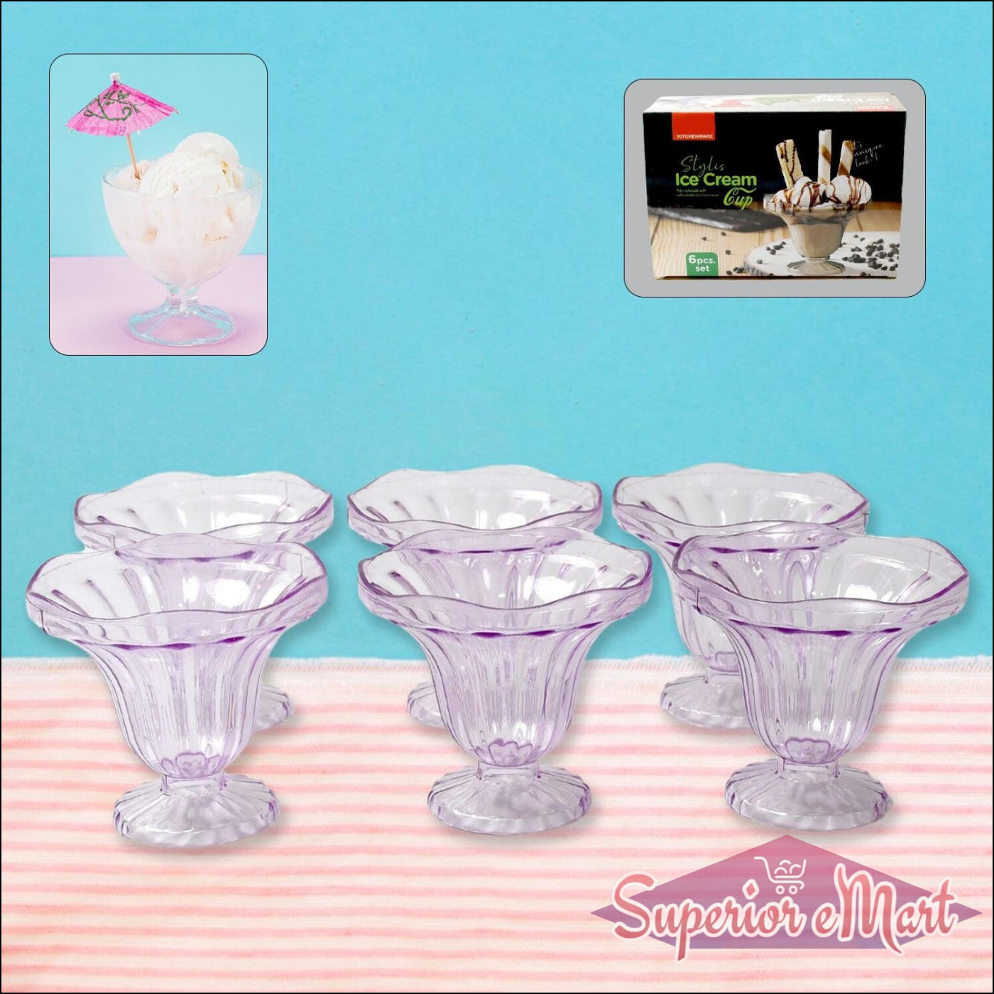 Set of six crystal plastic ice cream bowls set with elegant design for serving desserts and ice cream