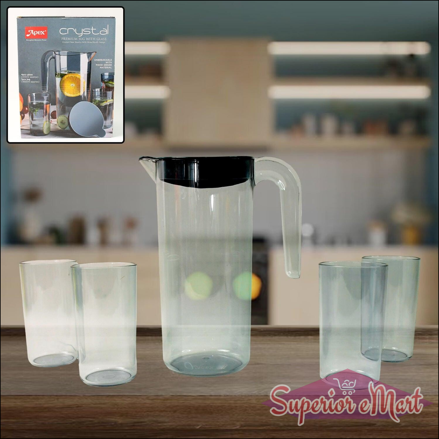 Crystal Water Jug and Glasses Set - 5 Pc - Superior eMart