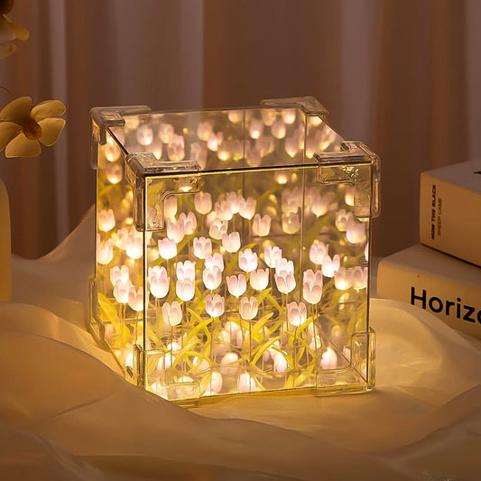 Cube Tulip Night Lamp featuring glowing tulip designs in a decorative acrylic box