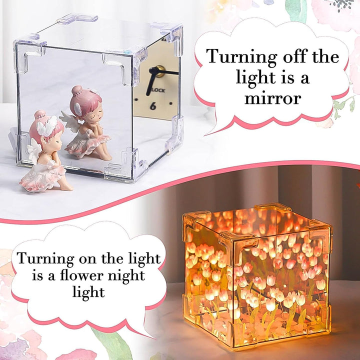 Cube Tulip Night Lamp with floral design, doubles as a mirror when switched off