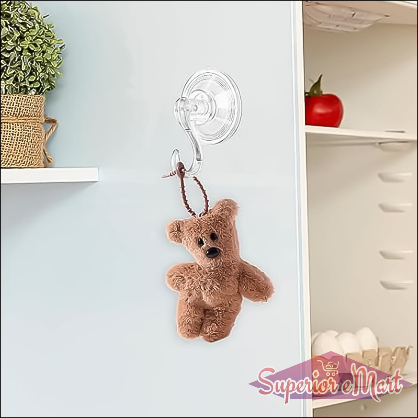 Clear cup hooks set of 10 displayed on a wall holding a small teddy bear for versatile storage