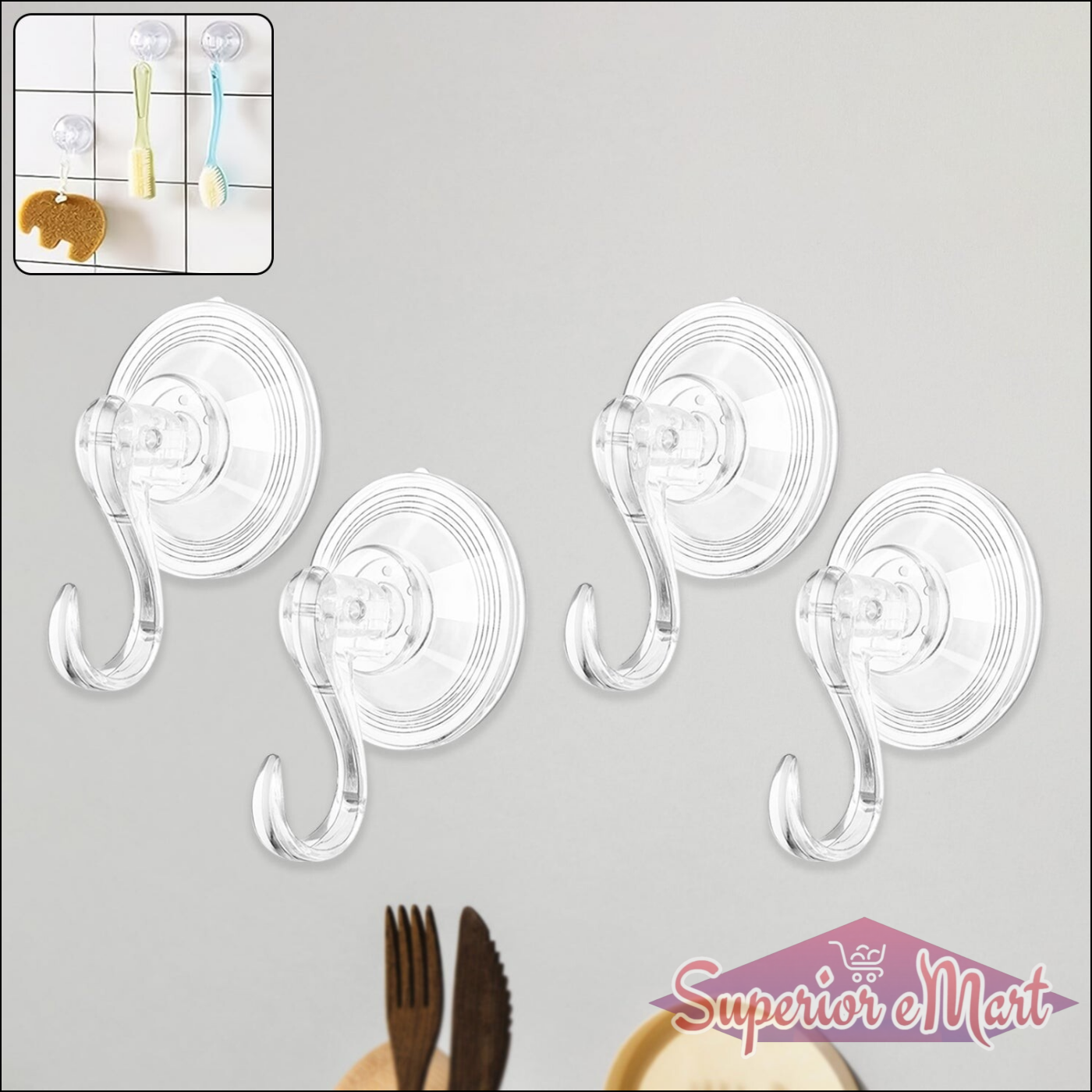 Set of 10 clear cup hooks for easy hanging in kitchens and home organization