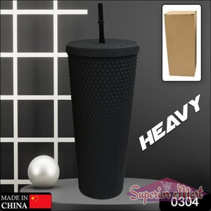 Matte studded tumbler with straw in black designed for hot and cold beverages