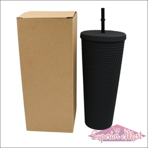 Matte studded tumbler with straw in black with a brown cardboard packaging for drinks on the go