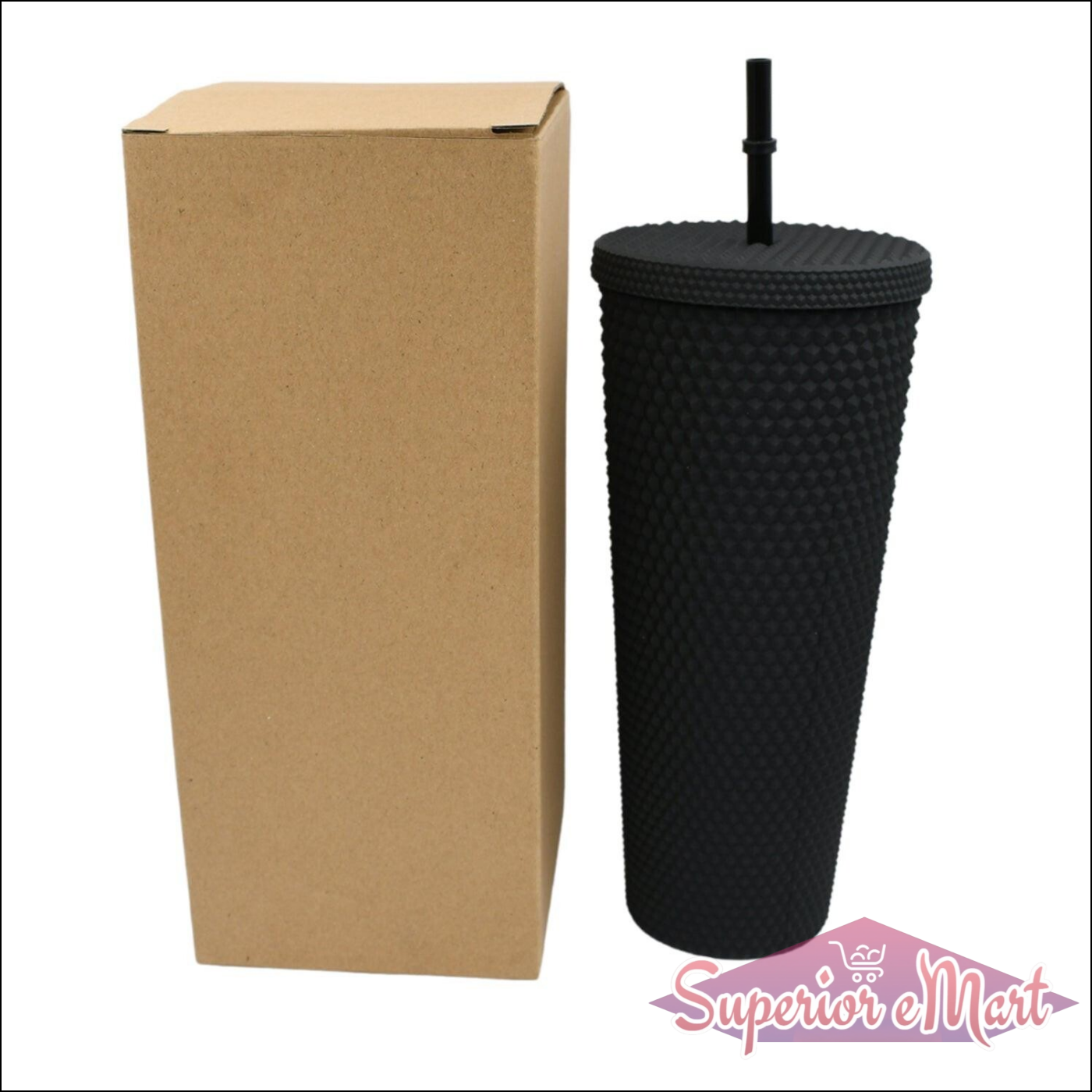 Matte studded tumbler with straw in black with a brown cardboard packaging for drinks on the go