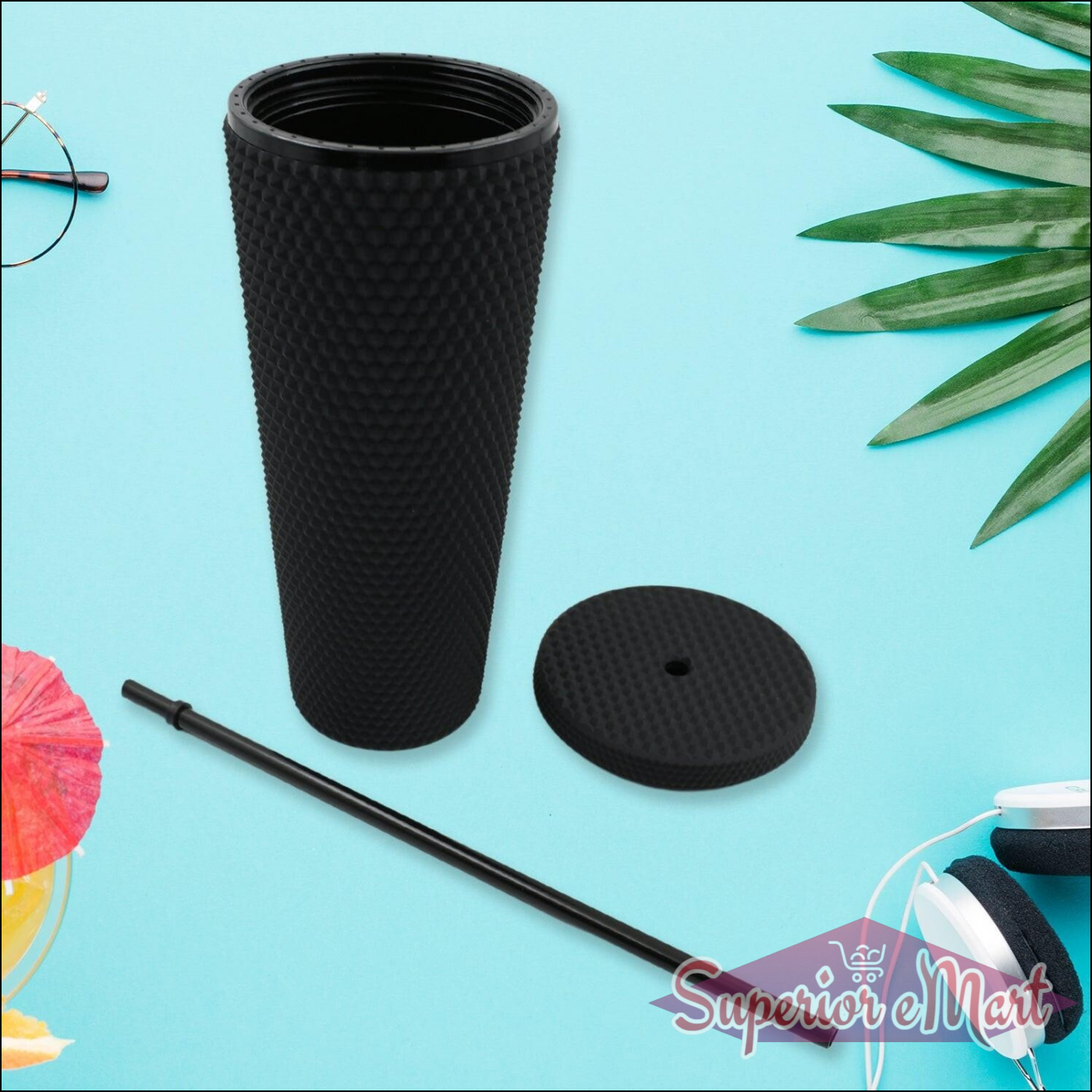 Matte studded tumbler with straw in black, perfect for stylish hydration on the go