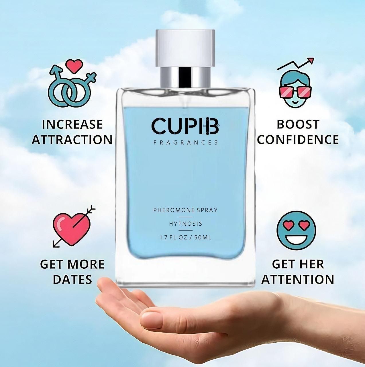 Perfume for Men 50 ML Pack of 2 by Superior eMart CUPHB Fragrances bottle held on hand with attraction and confidence icons