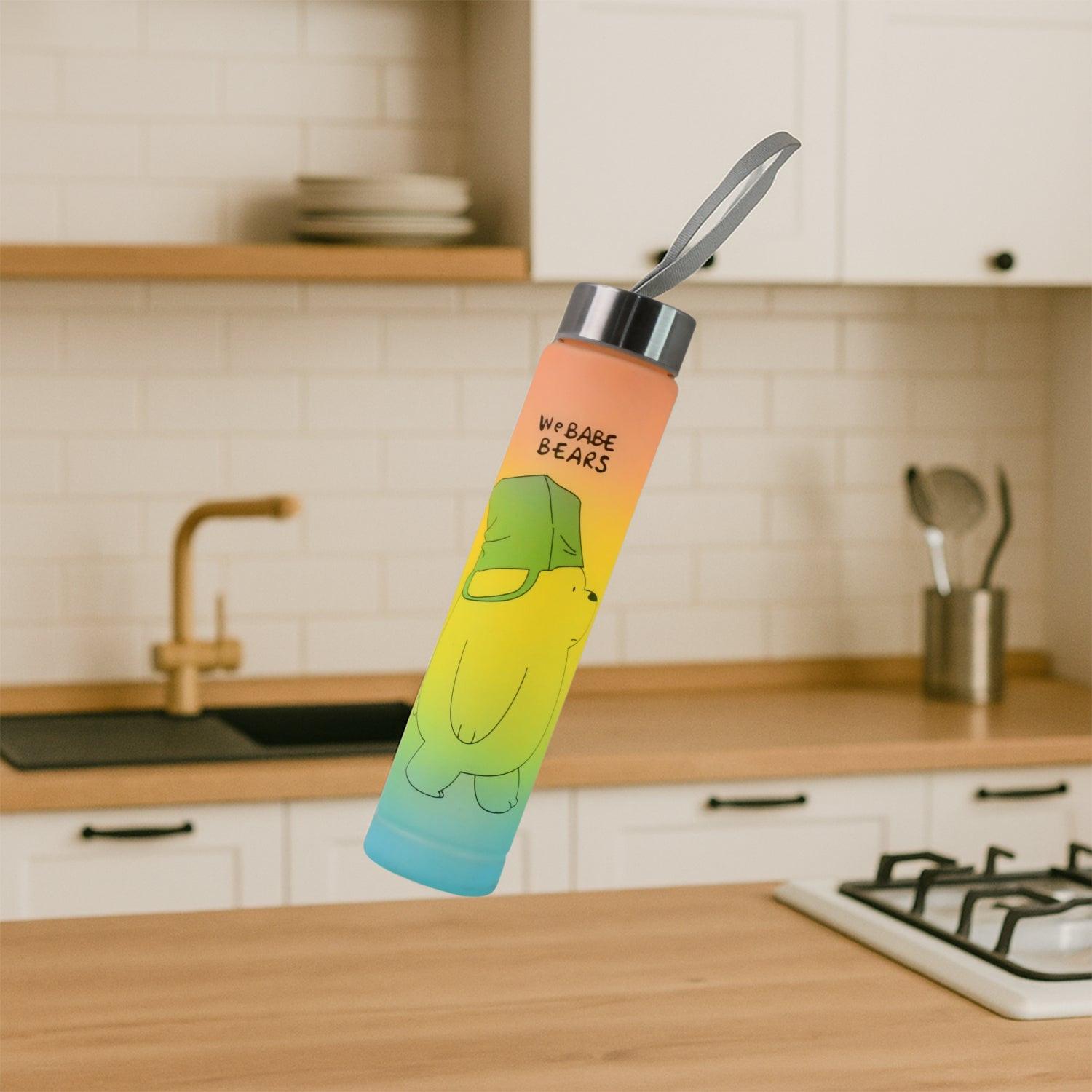 Cute cartoon water bottle with colorful bear design for kids and adults in home kitchen setting