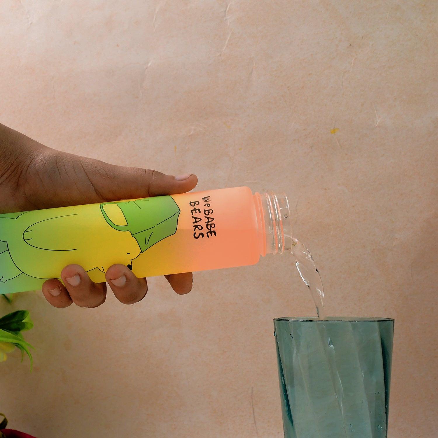 Cute cartoon water bottle being filled with water next to a glass, featuring vibrant design