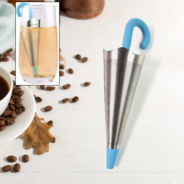 Cute umbrella tea strainer in stainless steel with a blue handle for brewing loose leaf tea