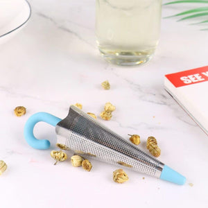 Cute umbrella tea strainer in blue and silver design for brewing loose leaf tea