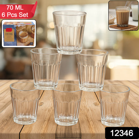 Set of six 70 ML glass cups stacked, perfect for serving cutting chai, featuring a clear design