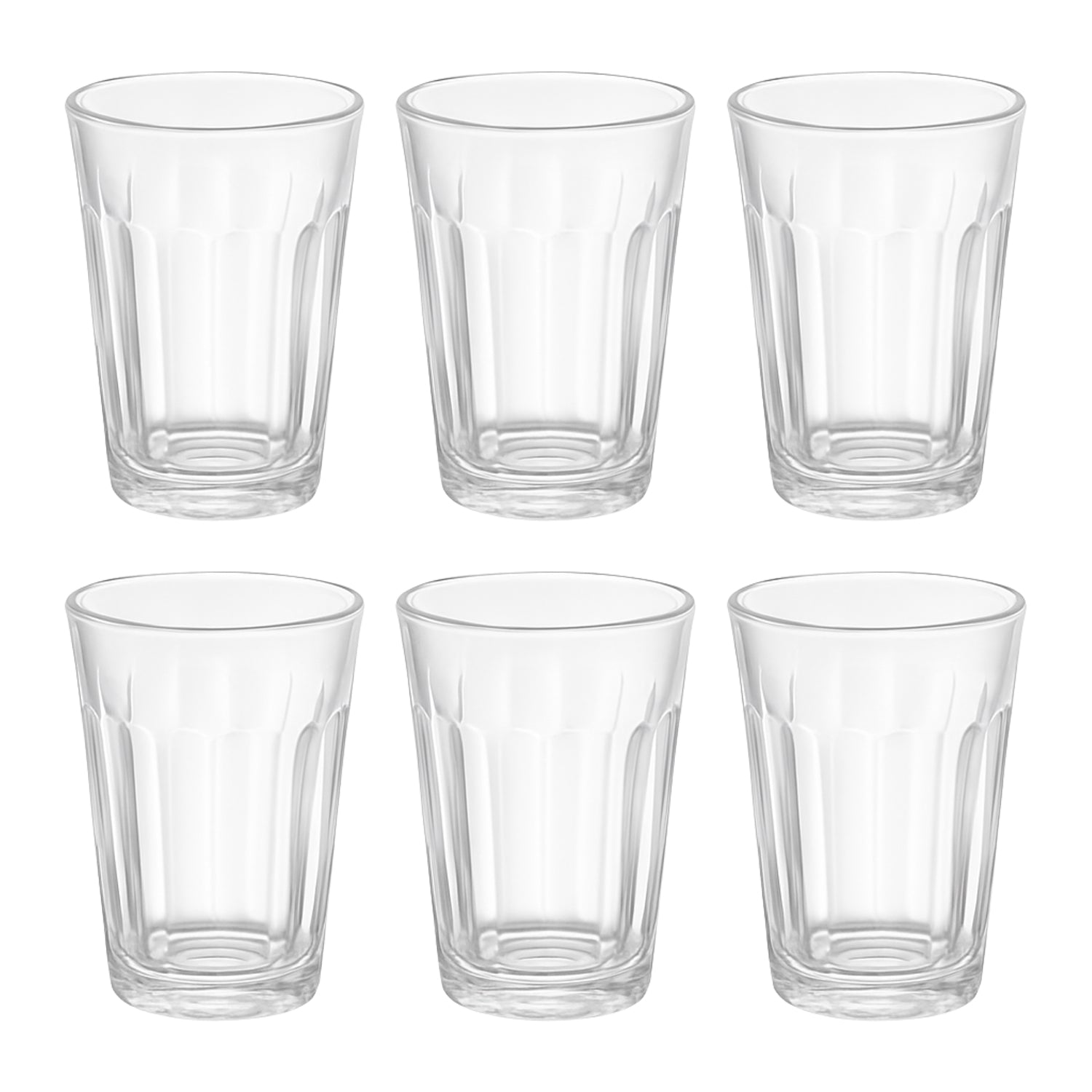 Set of six transparent glasses for serving cutting chai, perfect for home and kitchen use