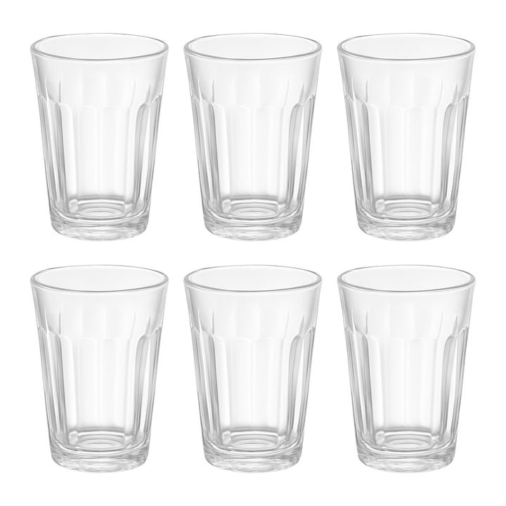 Set of six transparent glasses for serving cutting chai, perfect for home and kitchen use
