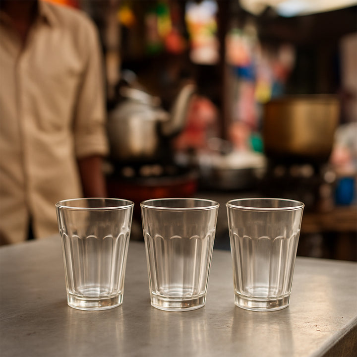 Cutting chai glass set of three clear glasses with fluted design for serving tea