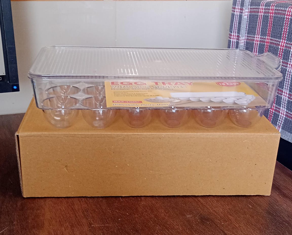 Plastic 18 Cavity Egg Storage Box Or Egg Trays For Refrigerator With Lid & Handl - 5623_18_grid_egg_storage_box_brown