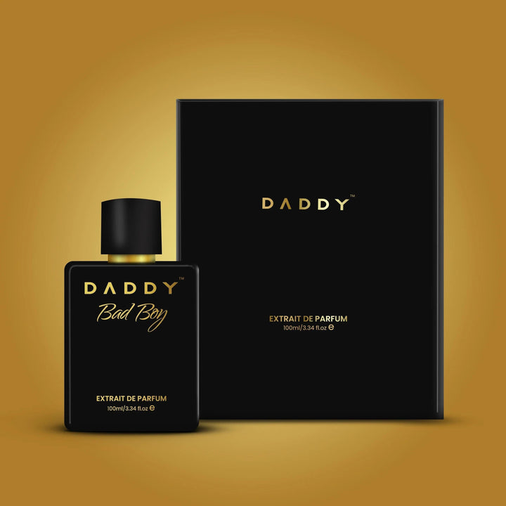 Daddy Bad Boy perfume for men in a sleek black bottle with an elegant box packaging