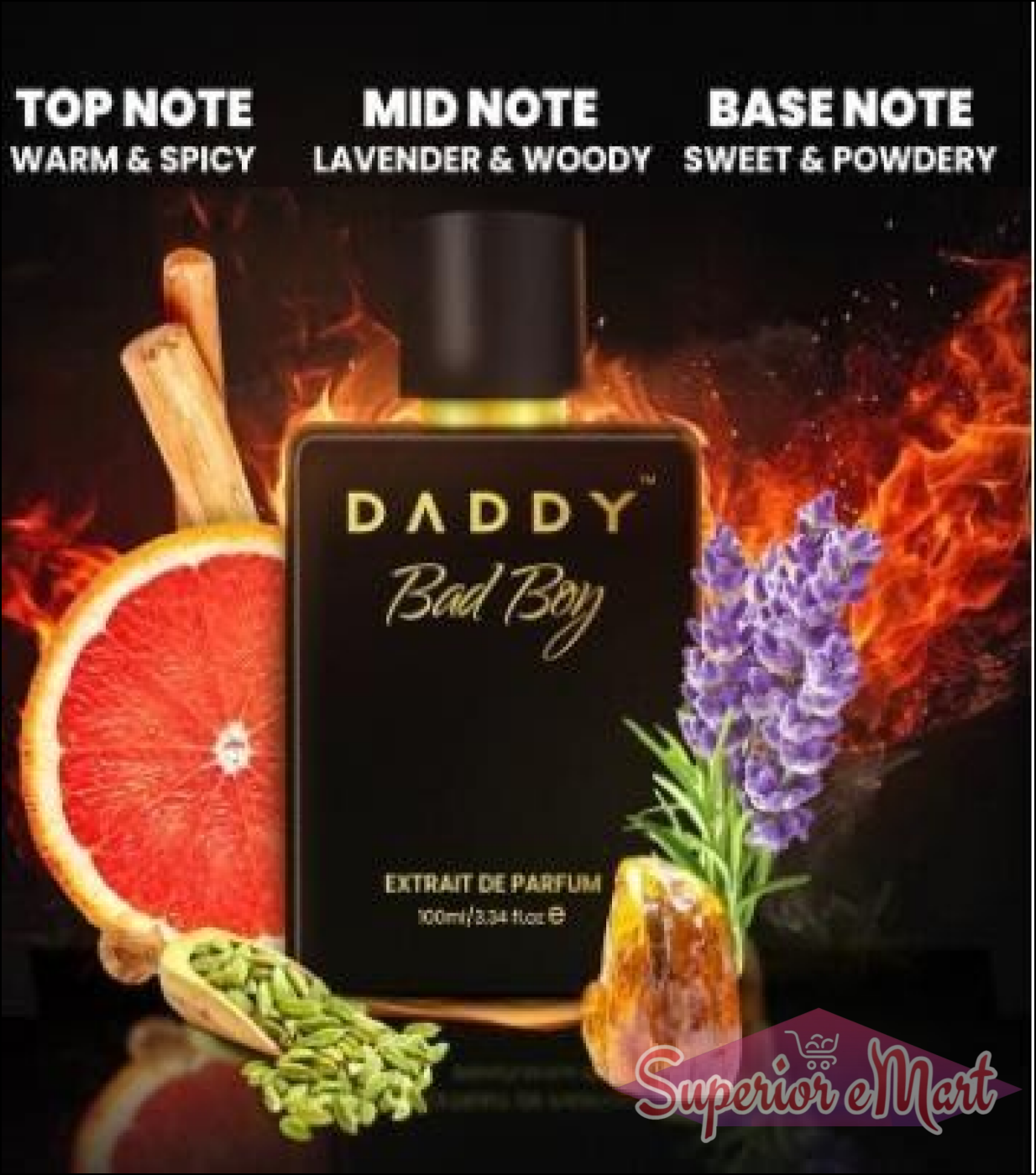Daddy Bad Boy perfume for men in a stylish bottle with top notes of grapefruit, lavender, and sweet base notes