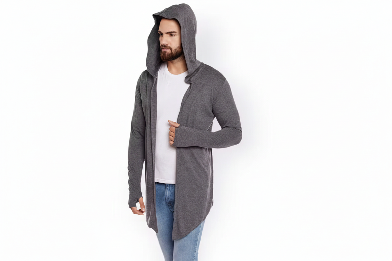 Man wearing a dark gray hooded cardigan over a white shirt on a white background