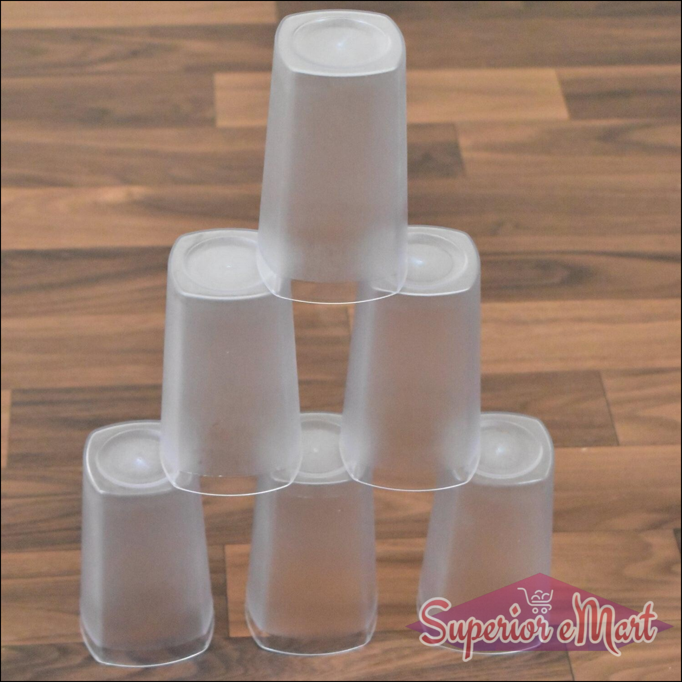 Set of 6 frosted 350ml glass cups stacked on a wooden surface for home and kitchen use
