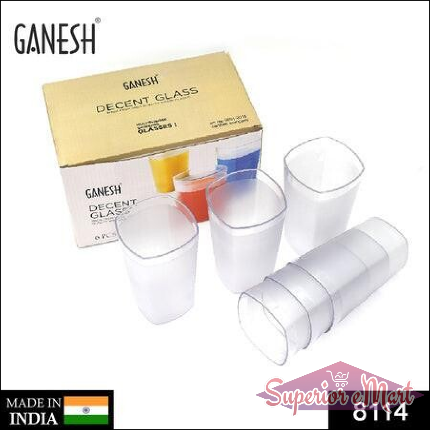 350ml glass set of 6 durable transparent tumblers in a box by Ganesh for everyday use