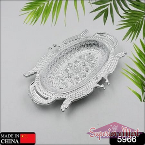 Elegant silver decorative mukhwas serving tray with intricate designs and handles for serving snacks
