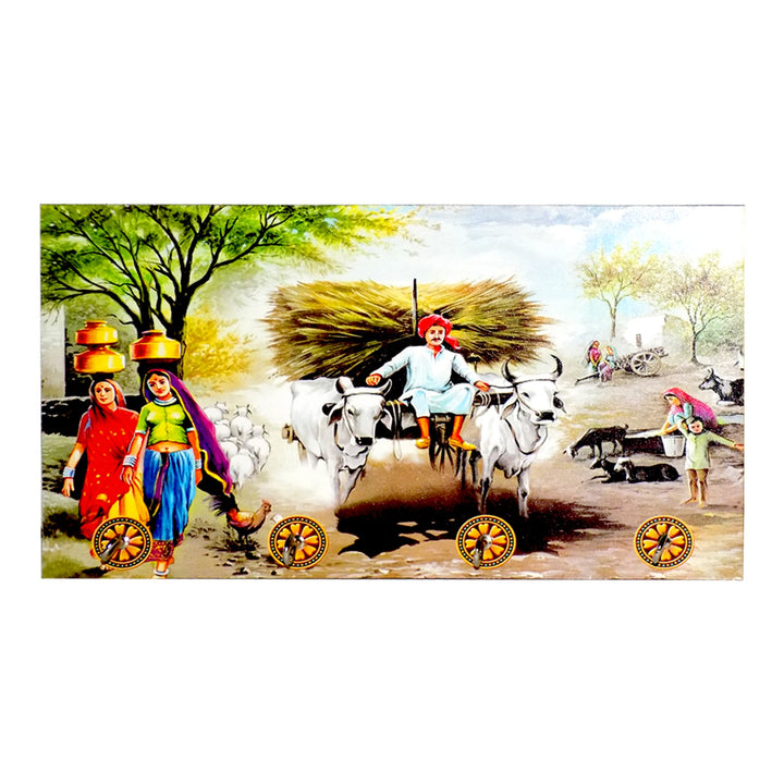 Colorful decorative wooden wall art depicting rural villagers and farm animals in a pastoral scene