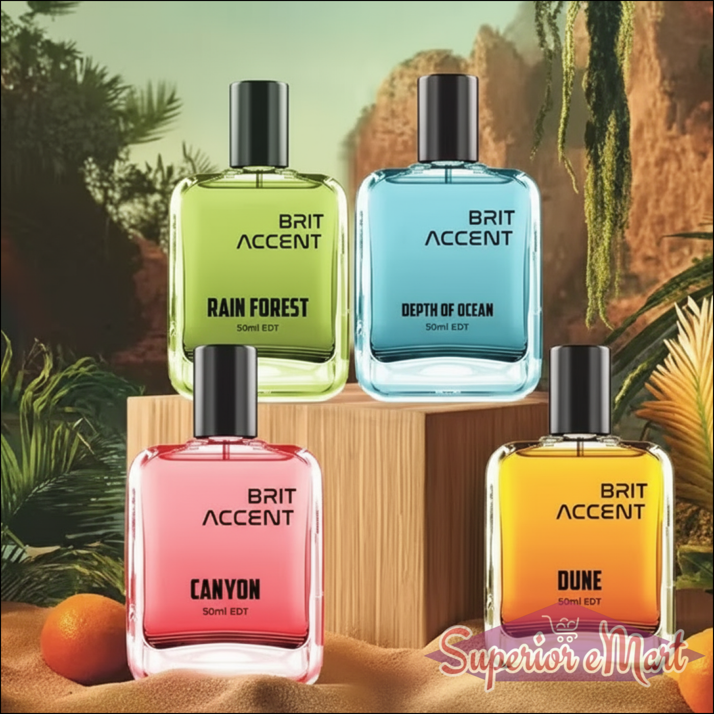 Essential nature perfume set featuring Rain Forest, Depth of Ocean, Canyon, and Dune in 50ml bottles