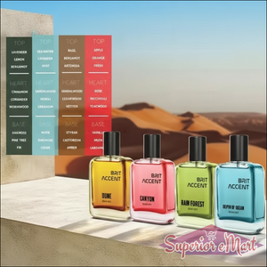 Essential nature perfume set featuring Dune, Canyon, Rain Forest, and Depth of Ocean fragrances