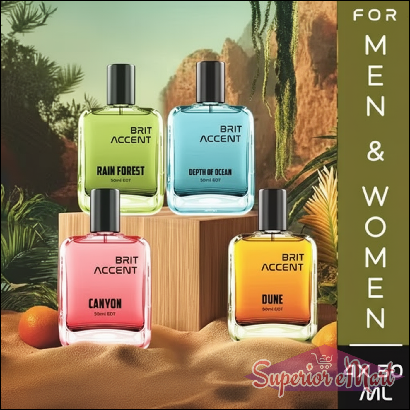Essential nature perfume set by Brit Accent featuring four 50ml bottles: Rain Forest, Depth of Ocean, Canyon, and Dune.